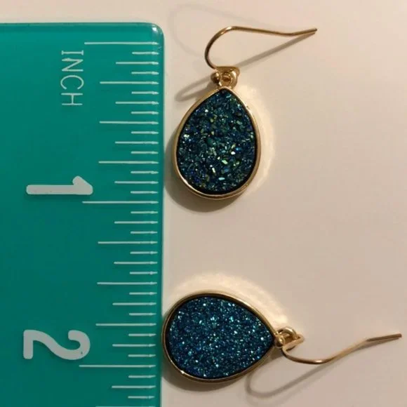 NEW! Sparkling Blue Faux Druzy Gemstone Gold Dangling Earrings - GIFT - Picture 4 of 5